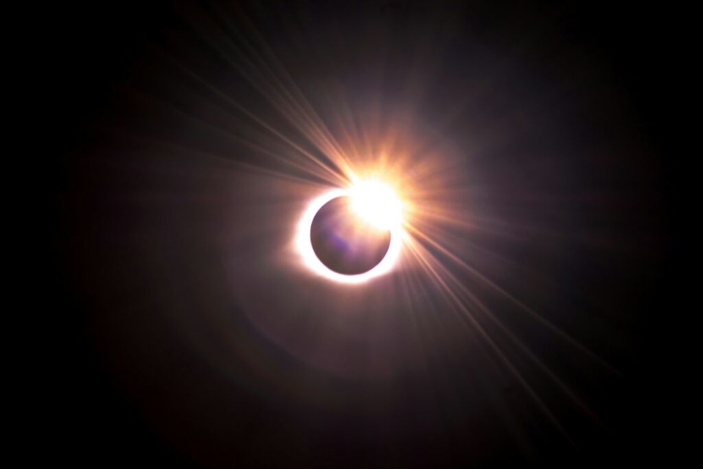 What to Expect. A solar eclipse occurs when the Sun, the Moon, and Earth are aligned, or in syzygy.